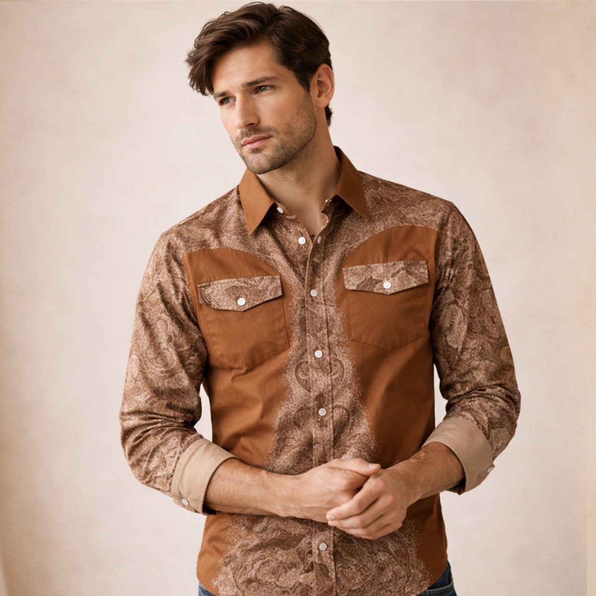 La chemise en denim rétro western à patchwork bicolore pour homme Brookcrest