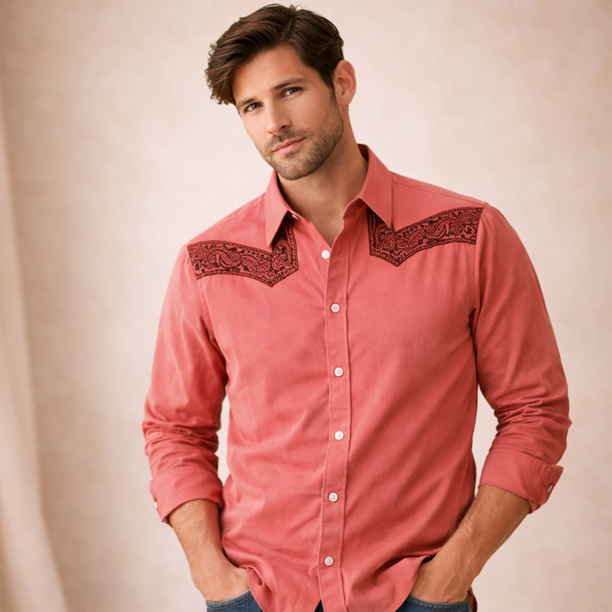 La chemise en denim rétro western à patchwork bicolore pour homme Brookcrest