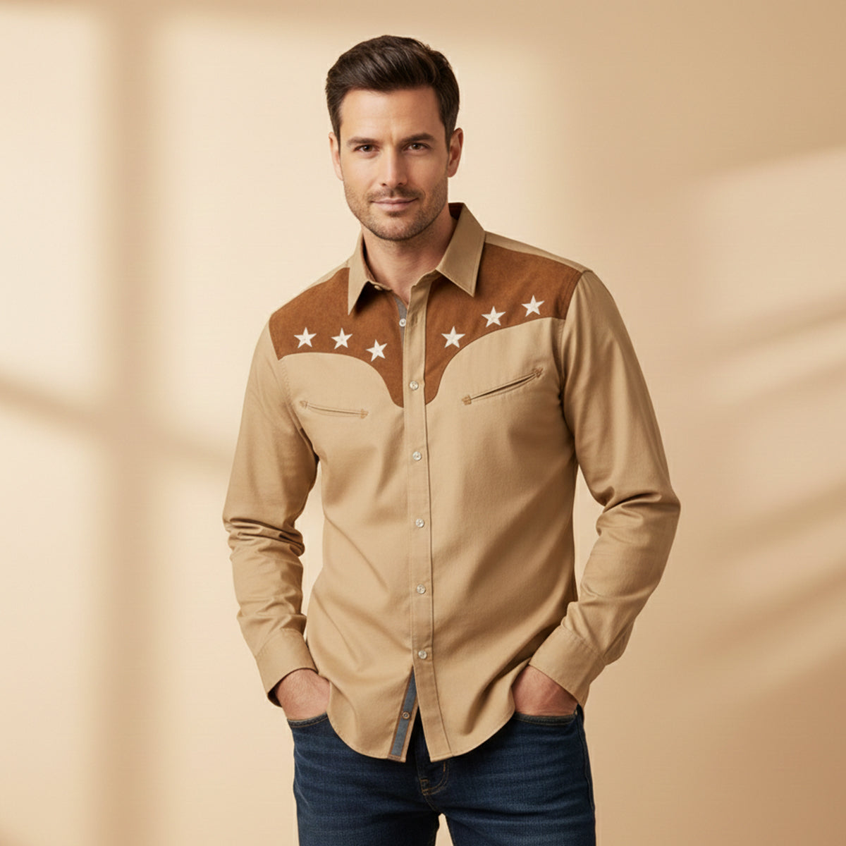La chemise en denim tendance western à patchwork bicolore pour hommes Linfield